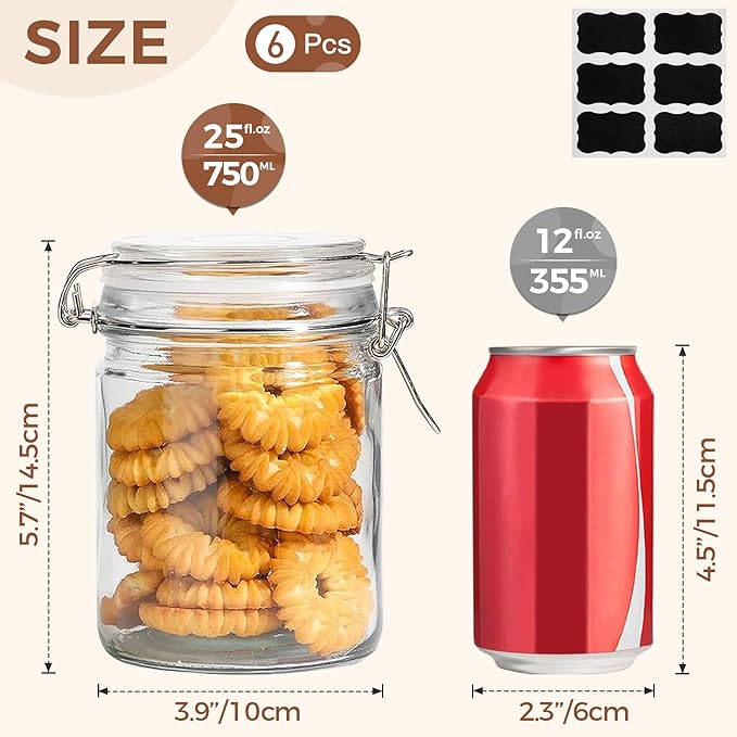 ComSaf Airtight Glass Canister with Lid Set of 6, 25oz Food Storage Jar, Mason Jars, Storage Container with Seal Wire Clamp Fastening for Kitchen Fermenting Preserving Canning Pasta Flour Cereal
