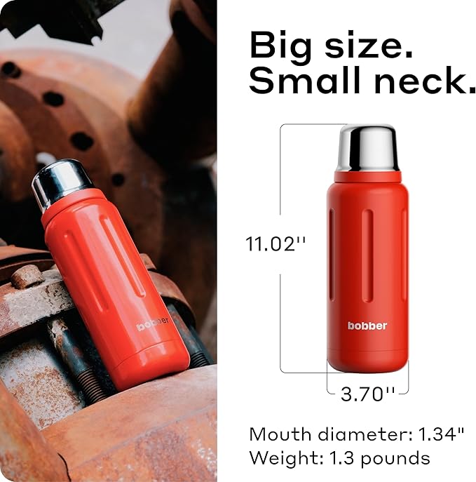 BOBBER 34 oz Stainless Steel Thermos for Tea, Coffee, and Cold Drinks BPA-Free, Dishwasher Safe Vacuum Insulated Water Bottle Keeps Hot for 48 Hours (Red)