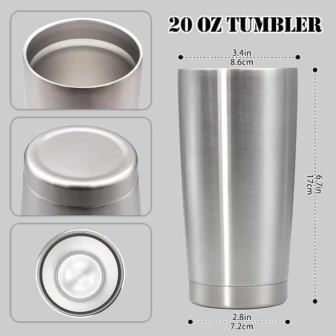 20 oz Tumbler with lid Double Wall Vacuum Insulated Tumblers Stainless Steel Coffee Mug Travel Coffee Tumbler Powder Coated Tumbler Cup Keep Hot&Cold - (Stainless 12 Pack)