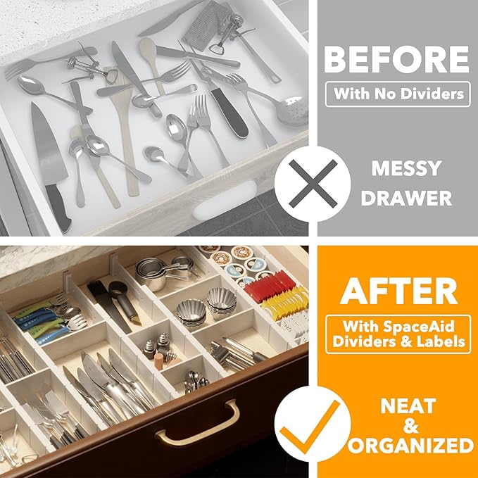 SpaceAid Bamboo Drawer Dividers with Inserts and Labels, Kitchen Adjustable Drawer Organizers, Expandable Organization for Home, Office, Dressers, 10 Dividers with 24 Inserts (17"-22" White)