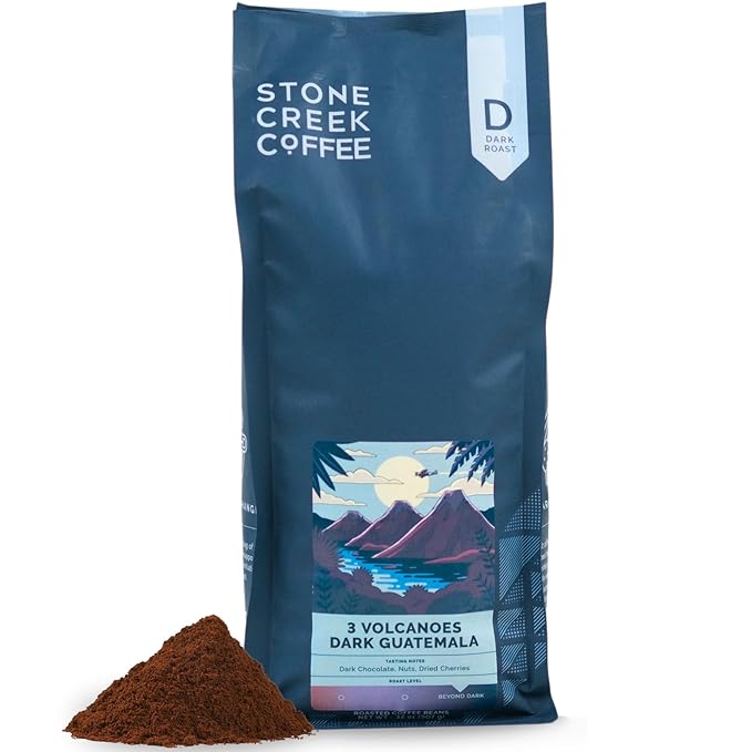 Stone Creek Coffee Dark Roast Ground Coffee – 2 LB (Pack of 1) – Smooth and Chocolatey Fresh Roasted Coffee Beans with Rich and Fruity Tasting Notes, 3 Volcanoes Dark Guatemala