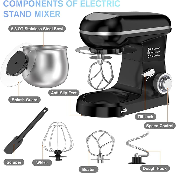 6-Speed Electric Stand Mixer with 5.3 Quart Stainless Steel Bowl, Kitchen Mixer Tilt-Head Design – Includes Dough Hook, Whisk & Beater-Great for Baking Bread, Cakes, Cookies