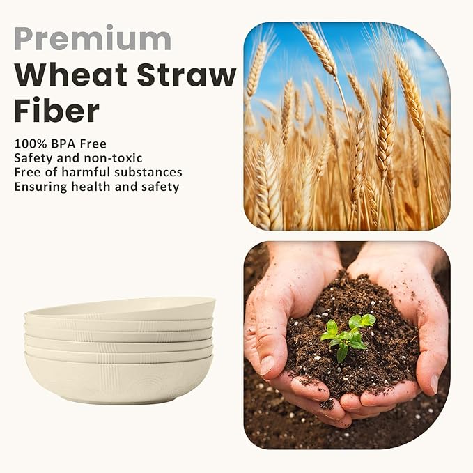 Homienly 65 oz Large Salad Bowls Wheat Straw Big Bowls 10 inch Serving Bowls Wheat Straw Plates Bowls Set of 6 Wide and Shallow Bowls for Kitchen Dishwasher Safe-Beige