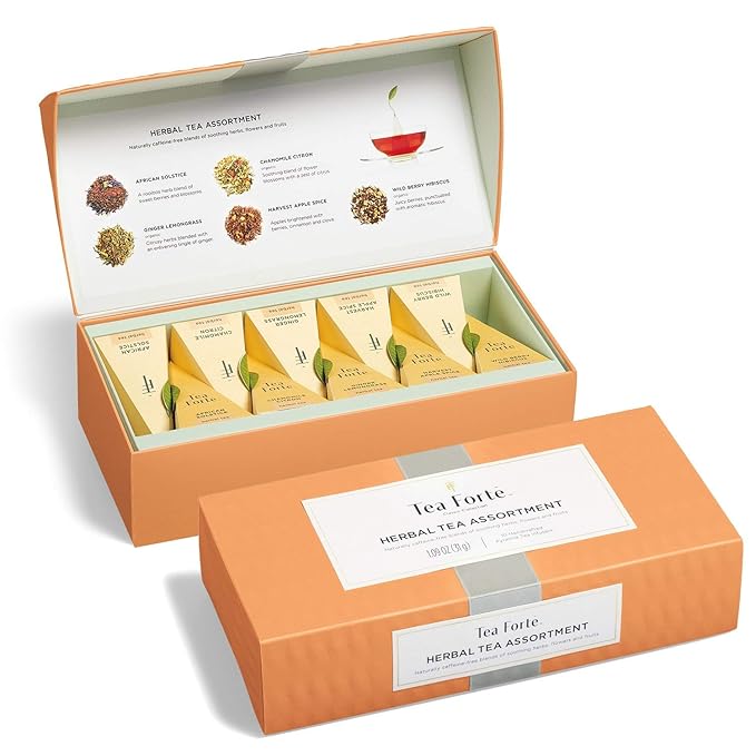 Tea Forte Assorted Herbal Petite Presentation Box Tea Gift Set Sampler, 10 Count, 2 of Each Variety Individually Wrapped Handcrafted Pyramid Infuser Bags