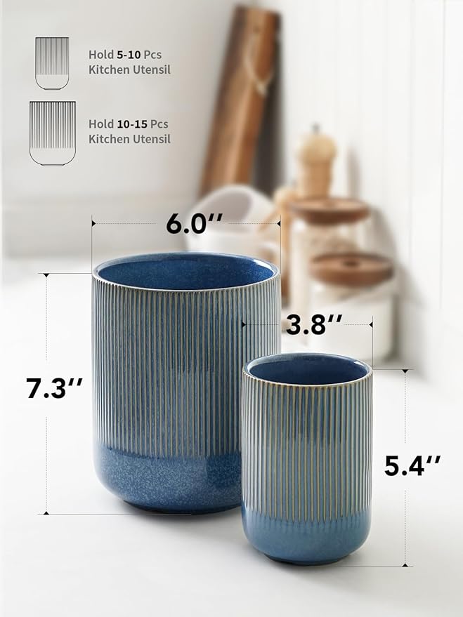 LE TAUCI Utensil Holder, 7.3"+5.4" Ceramic Kitchen Utensil Holder for Countertop, Large Cooking Utensil Crocks Gift for Mother's Day, Costal Ocean Home Kitchen Decor, Set of 2,Glaze Marble Blue
