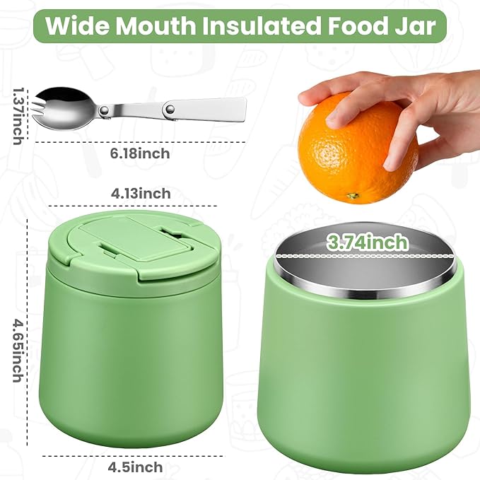 20oz Insulated Vacuum Food Jar with Buckle Lid,Soup Thermo for Hot Food Kids,Wide Mouth Leakproof Stainless Steel Lunch Container with Spoon-Green