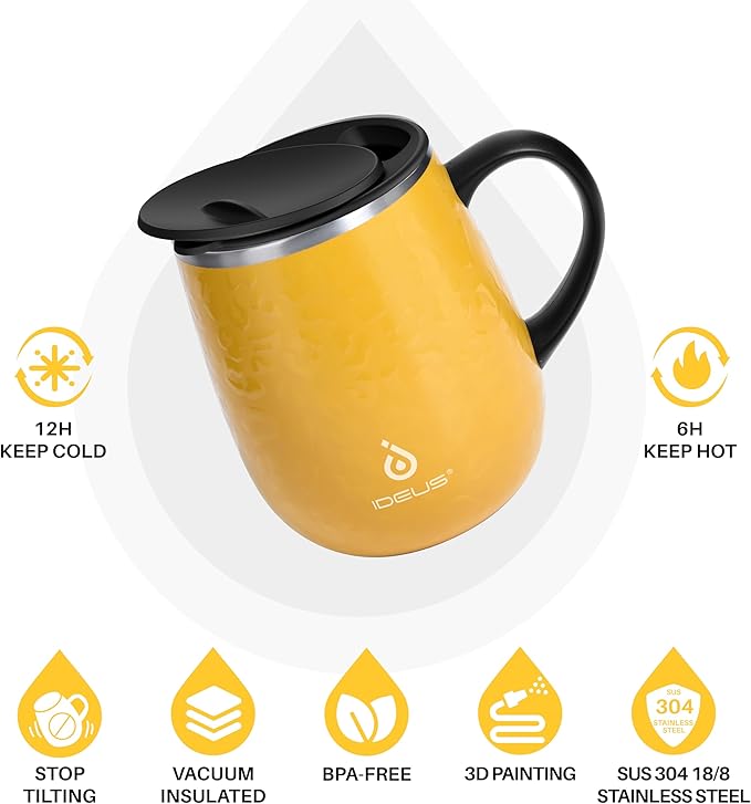 Ideus 16 oz Insulated Coffee Mug with Handle and Lid, Double Wall Stainless Steel Vacuum Thermal Coffee Mug, Travel Coffee Cup Thermal Cup for Home and Office, Leopard Yellow