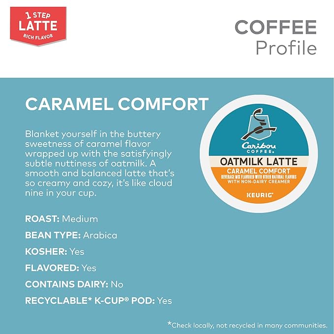Caribou Coffee Caramel Comfort Oatmilk Latte, One Step Latte Single Serve Keurig K-Cup Pods, 20-Count Box