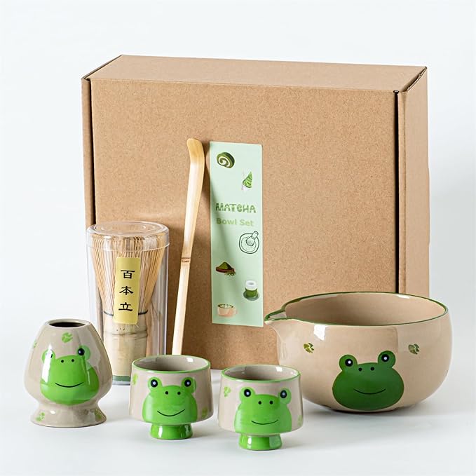 Frog Matcha Whisk Set, Cute Ceramic Matcha Kit with Hand-Painted Bowl with Spout, 2 Cups, Bamboo Whisk, Holder & Scoop, for Tea lovers and Gift Giving
