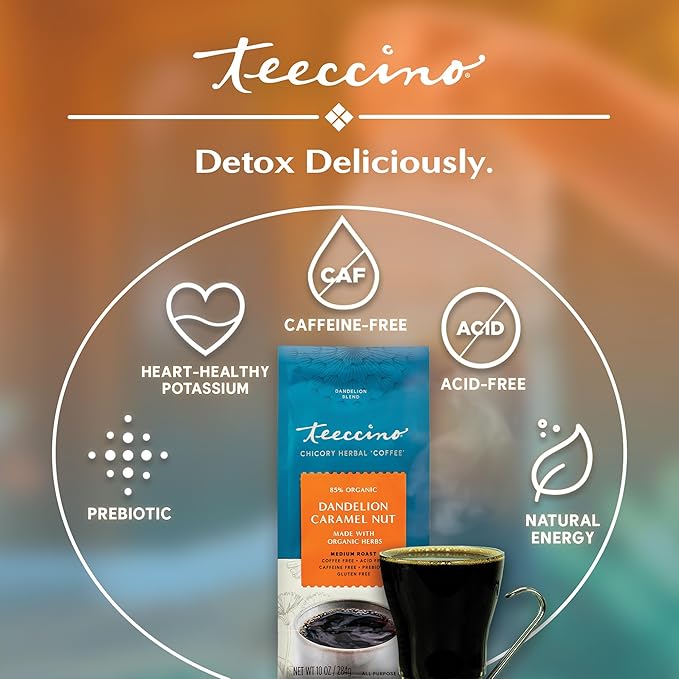 Teeccino Dandelion Caramel Nut Herbal Coffee - Caffeine-Free Coffee Alternative with Prebiotics, Gluten Free, Acid Free - Medium Roast, 10 oz