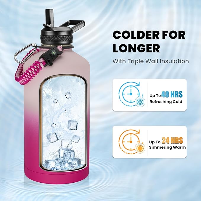 One Gallon Water Bottle Insulated, Triple Walled Vacuum Stainless Steel (Cold for 48 Hrs), Leak Proof & Non-BPA, Large Water Flask Jug with Paracord Handle & Straw Spout Lids