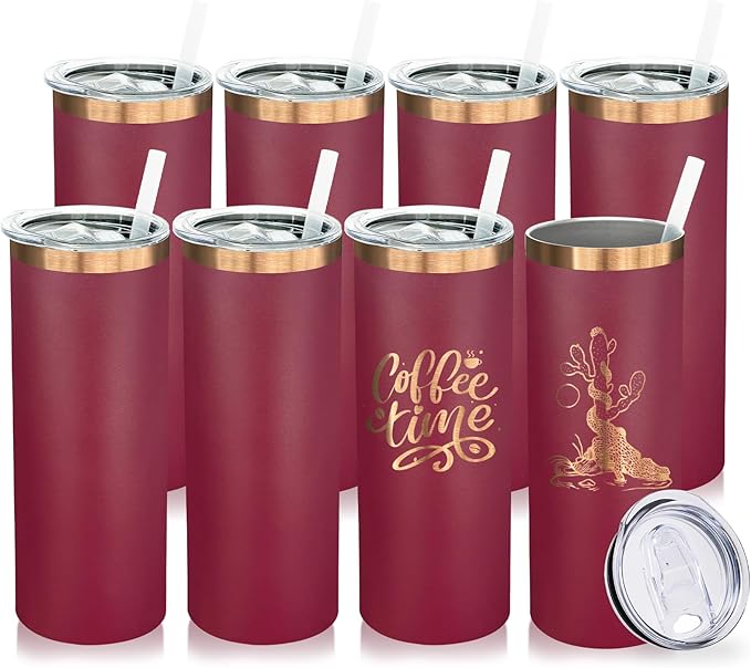 20 oz Skinny Tumblers Bulk 8 Pack, Stainless Steel Insulated Tumbler with Lids and Straws, Slim Double Wall Powder Coated Travel Coffee Mugs Reusable Cup for Hot Cold Drinks (Red,8 pack)