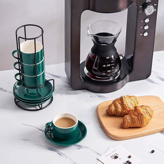 YOLIFE 2.5oz Porcelain Stackable Espresso Cups with Saucers and Metal Stand Set of 4, Stackable Cappuccino Cups, Green Expresso Shots Cup Set for Coffee Drinks, Latte, Tea
