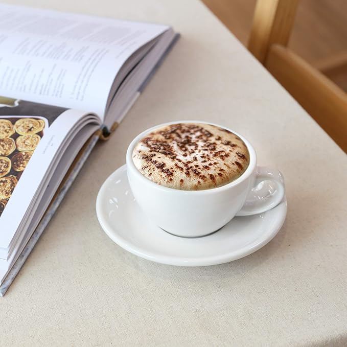 LE TAUCI 6 oz Cappuccino Cups with Saucers, Ceramic Coffee Cup for Au Lait, Double shot, Latte, Cafe Mocha, Tea - Set of 4, White
