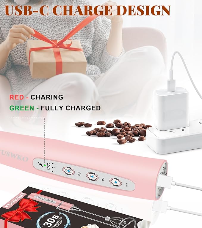 YUSWKO Milk Frother Handheld for Coffee with Stand, Rechargeable Drink Mixer with 3 Heads 3 Speeds Electric Coffee Frother Whisk, Gift for Many Occasions and Festival