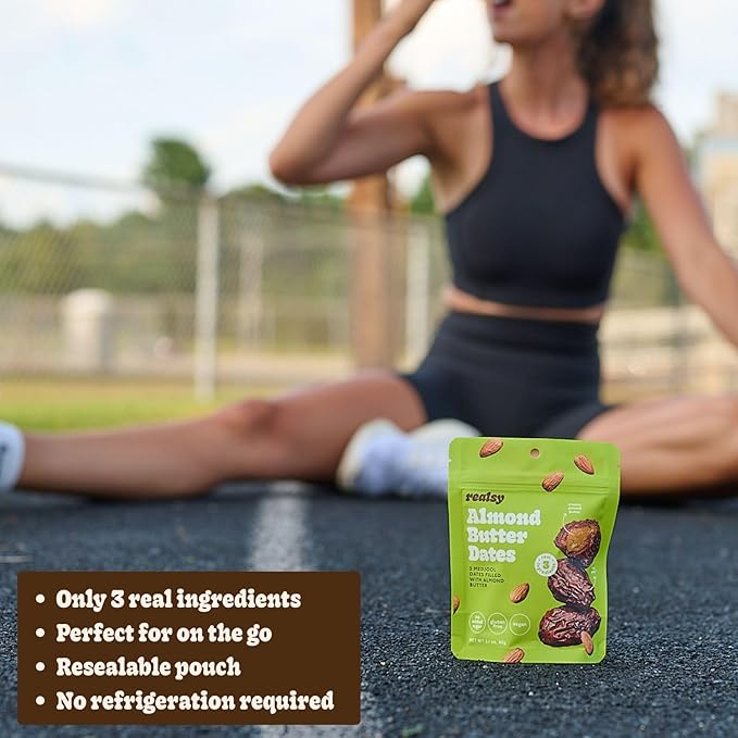 Realsy Almond Butter Filled Medjool Dates, Organic Dates with No Sugar Added, Gluten-Free, Vegan, Good Source of Fiber, Low Glycemic Index, All Natural Healthy Snack, (10 Pack)