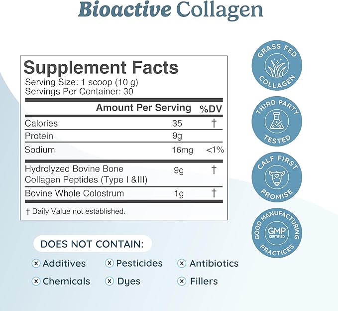 WONDERCOW Collagen Peptides Powder w/Bovine Colostrum, Naturally-Sourced Hydrolyzed Bone Collagen Powder, Hair Skin Nail & Joint Support,Type I & III Grass-Fed Collagen Supplements for Women & Men