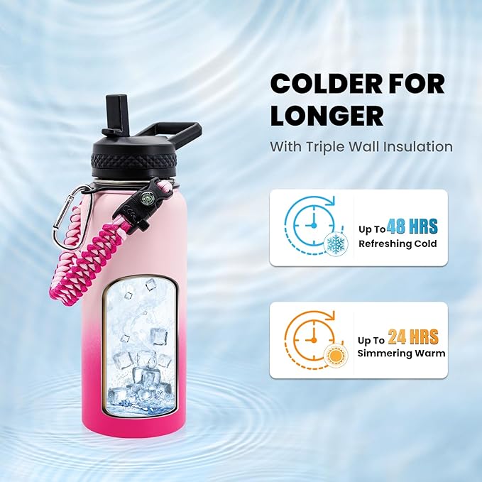 Insulated Water Bottle 32 oz, Triple Wall Vacuum Stainless Steel (Cold for 48 Hrs), Leak Proof & Non-BPA, Modern Water Flask Jug with Paracord Handle & Straw Spout Lids, Ombre Pink