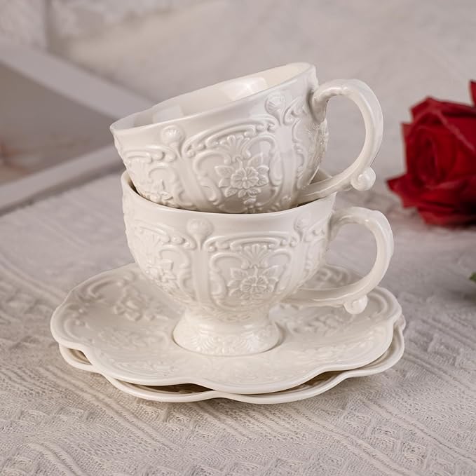 KAMMAK Tea Cups and Saucers Set of 2, Porcelain Coffee Cups, 7.8-Ounce Stackable Espresso Mugs, Ceramic Demitasse for Coffee, Latte, Americano, Tea, Britney