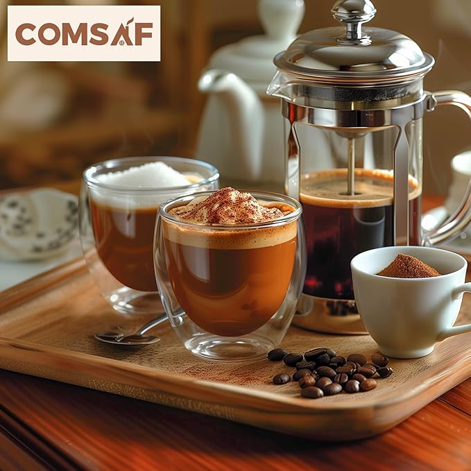 ComSaf 8oz Glass Coffee Mugs Set of 6, Double Walled Insulated Thermal Mugs for Latte Cappuccino Cocoa Milk Cafe Juice Tea, Clear Espresso Cups Set Glassware Gift for Christmas Birthday