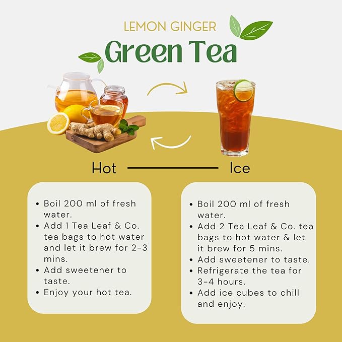 Lemon Ginger Green Tea Bags (50 Count), Green Tea with Orange Peel, Black Pepper & Mint Extract, Caffeinated, Real and Natural Green Tea, Blended with Fresh Herbs and Spices, Gluten Free
