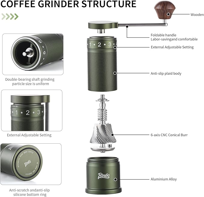 Bincoo Manual Coffee Grinder with Foldable Handle– External Setting Hand Coffee Grinder with Steel Burr,Compact and Portable for Home/Travel/Camping(Green)