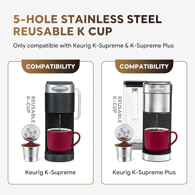 Stainless Steel Reusable K Cups for K eurig Supreme & Supreme Plus, Reusable K Cups Five Hole Universal K-eurig Refillable Coffee Pod Filter (3 Pack)