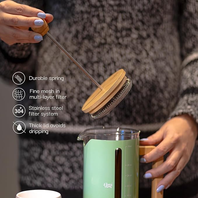 French Press Coffee Maker - 34 oz large Coffee Press with Bamboo Wood Handle, mint green, Heat Resistant Thick Borosilicate Glass carafe, 2 Layer Filter, Stainless Steel Long-lasting easy to use