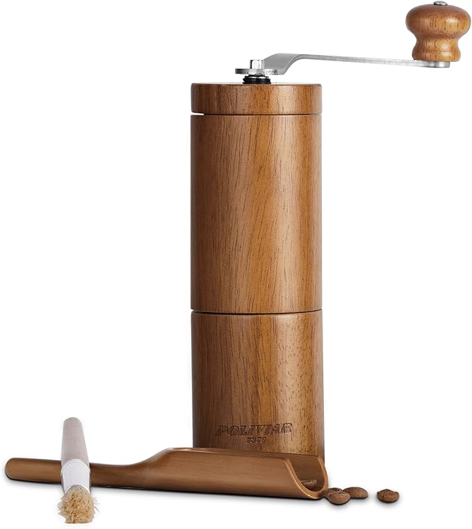 POLIVIAR Manual Coffee Grinder, Coffee Bean Grinder with Adjustable Ceramic Burr, Vintage Style Wooden Hand Coffee Grinder, Portable Burr Coffee Grinder with Brush and Spoon （JX2022-CG10）