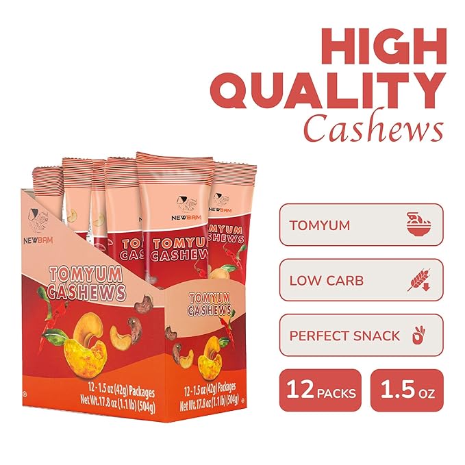 NEWBAM Spicy Tom Yum Cashews Individual Packs - 12 Cashew Snack Packs Roasted Nuts (1.5oz Each) – Authentic Thai Flavor, Keto, Vegan, Gluten-Free - Healthy Snacks for Trail Mix, Office, or Party - Low Sugar