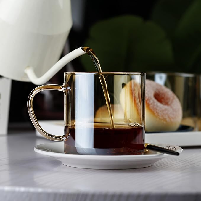 LUXU 4pcs Set Simple Glass Coffee Mugs-Hand Blown&Seamless Design,14 oz Amber Coffee Cups-Heat Resistant and Explosion-Proof,Lightweight Tea Mugs with Anti Scald Handle Ideal for Home,Cafe,Coffee Bar