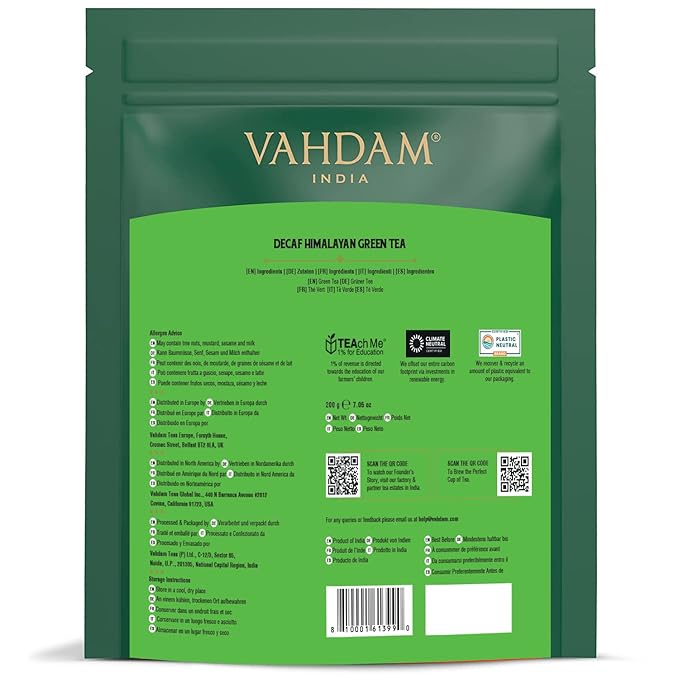 VAHDAM, Decaf Himalayan Green Tea Bags (100 Pyramid Tea Bags) Caffeine Free, Gluten Free | High Grown Decaf Green Tea | Resealable Ziplock Pouch | Pyramid Tea Bags