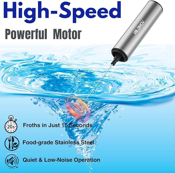 Rechargeable Milk Frother Handheld Electric Frother Wand Milk Foamer Drink Mixer for Coffee, Lattes, Cappuccino, and Egg, Stainless Steel for Travel-Silver
