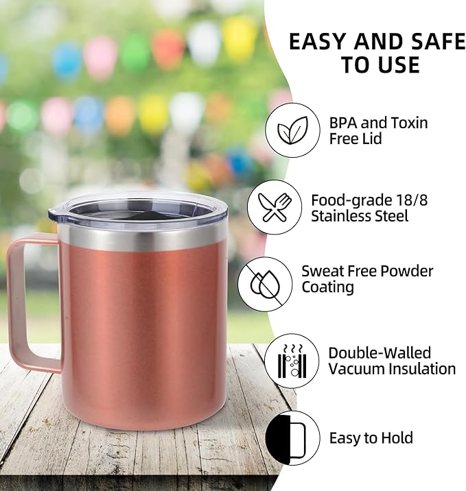 Volhoply 14oz Insulated Stainless Steel Coffee Mug with Lid Bulk 4 Pack,Double Wall Vacuum Travel Coffee Cup with Handle,Reusable Cups Tumbler Cup,Camping Mugs Keep Hot,Ideal Gifts(Rose Gold,4)