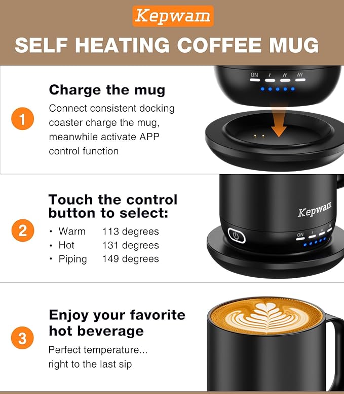 Self Heating Coffee Mug T1-16oz Fast Heating & Ultra Long-Lasting Battery Life, Heated Coffee Mug Up to 149℉ - Touch & App Controlled Coffee Mug, Birthday Gifts for Women and Men