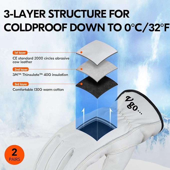 Vgo... 2-Pairs 32℉ or Above Lined Winter Cow Grain Leather Work and Driver Gloves (Size XL, Cream, CA9501F)