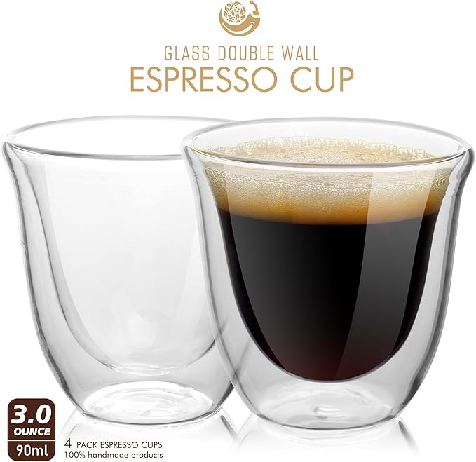 Double Wall Insulated Espresso Cups Set of 4-3oz Borosilicate Glass, Heat & Thermal Shock Resistant, Keeps Hands Cool, for Home, Cafe, Gift