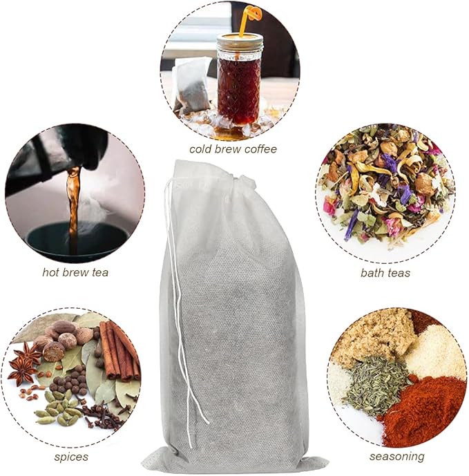 50pcs No Mess Cold Brew Bags, 6x10 inch Disposable Coffee Filter Bag Fine Mesh Brewing Drawstring Pouches for Iced Coffee Hot Tea Herb Spice
