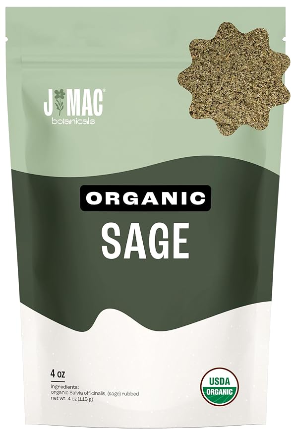 J Mac Botanicals, Organic Rubbed Sage (4 oz), Certified USDA Organic, Dried Rubbed Sage Leaf. Culinary Grade-excellent for sausage making, fresh Albanian harvest