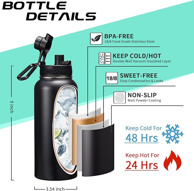 32-40-64OZ Stainless Steel Water Bottle - Black Water Bottle with Straw & Spout Lid, Paracord Handle & Bottle Sleeve, Insulated Vacuum Water Flask Double-Wall Metal Thermo Cup Canteen for Gym School