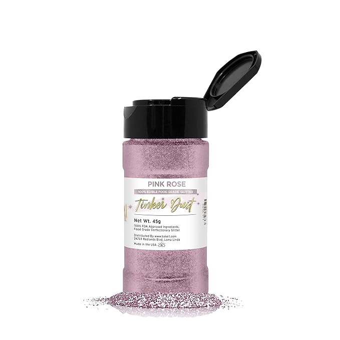 BAKELL Pink Rose Edible Glitter, 45 Grams | TINKER DUST Edible Glitter | KOSHER Certified | 100% Edible Glitter | Cakes, Cupcakes, Cake Pops, Drinks, Dessert Vegan Glitter & Dusts (45g Shaker, Pink Rose)