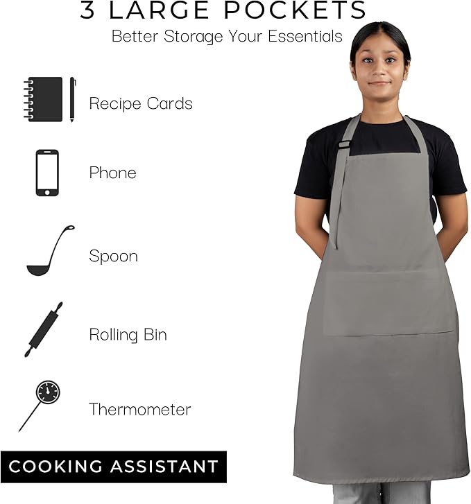 RAJRANG 100% Cotton Cooking Apron with 3 Pockets Kitchen Chef BBQ Adjustable Bib Aprons for Women Men