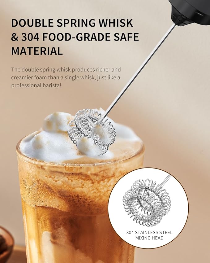 CIRCLE JOY Rechargeable Milk Frother Hanheld, Dual Spring Whisk Electric Coffee Frother, Portable Hand Frother Wand Drink Mixer for Matcha Lattes Cappuccino, Kitchen Gifts, Black