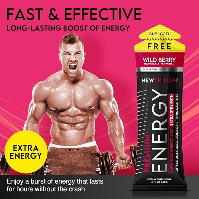 NewTrition® Extra Strength Energy Shots, 1.7 fl oz (Pack of 24, Wild Berry flavor) - 250mg Caffeine with Vitamin B & Amino Acids, Sugar-Free, Zero Calorie Vitamin Energy Drink for Focus & Endurance