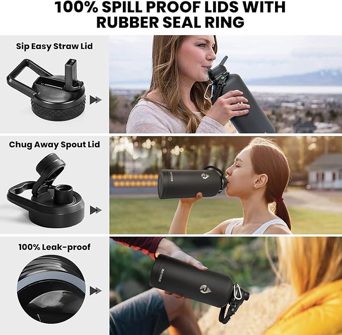 Insulated Water Bottle 87 oz, Triple Wall Vacuum Stainless Steel (Cold for 48 Hrs), Leak Proof & Non-BPA, Modern Water Flask Jug with Paracord Handle & Straw Spout Lids, Magic Black