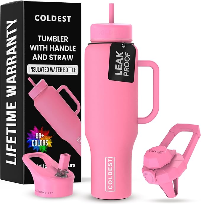 Coldest 40 oz Tumbler with Handle and Straw, 100% Leak Proof Insulated Tumbler with Lid and Straw (3 Lids), Stainless Steel Tumblers for Women & Men, Cup Holder Friendly, 46 oz (Pink Perfection)