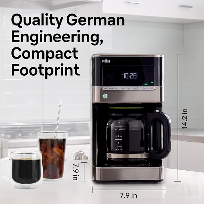 Braun BrewSense 12 Cup Drip Coffee Maker - Pause & Pour Mid Brew, Coffee Machine with 24-Hour Timer & Clock, Bold & Regular Strength, 1-4 Cup Functions, Self Clean, Auto Shutoff, Stainless Steel