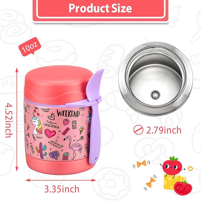 10oz Soup Thermo for Hot Food Kids,Lunch Thermo Kids Food Jar with Spoon Hot Insulated Food Containers,Leak Proof Stainless Steel Wide Mouth Lunch Food Thermo Jar for School(Pink-Flamingo)