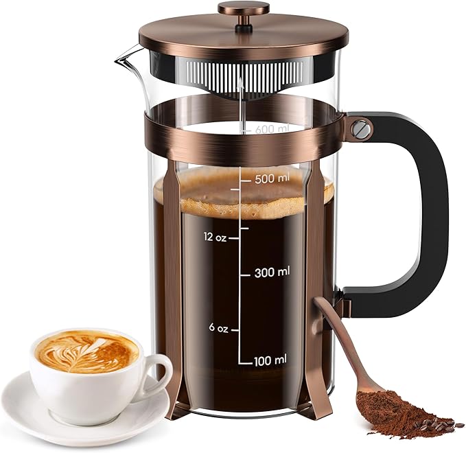 French Press Coffee Maker - 21 Ounce / 600ML, Stainless Steel & Heat-Resistant Borosilicate Glass - Ideal for Cold Brew, Espresso, 4-Filter System