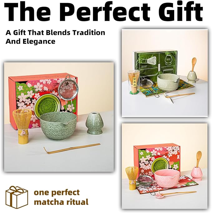 8 PCS Matcha Whisk Set, Ceramic Matcha Set, Includes Bowl, Matcha Whisk Holder Matcha Bamboo Whisk, Scoop, Sifter, Unique Gift for Matcha Lovers (C)